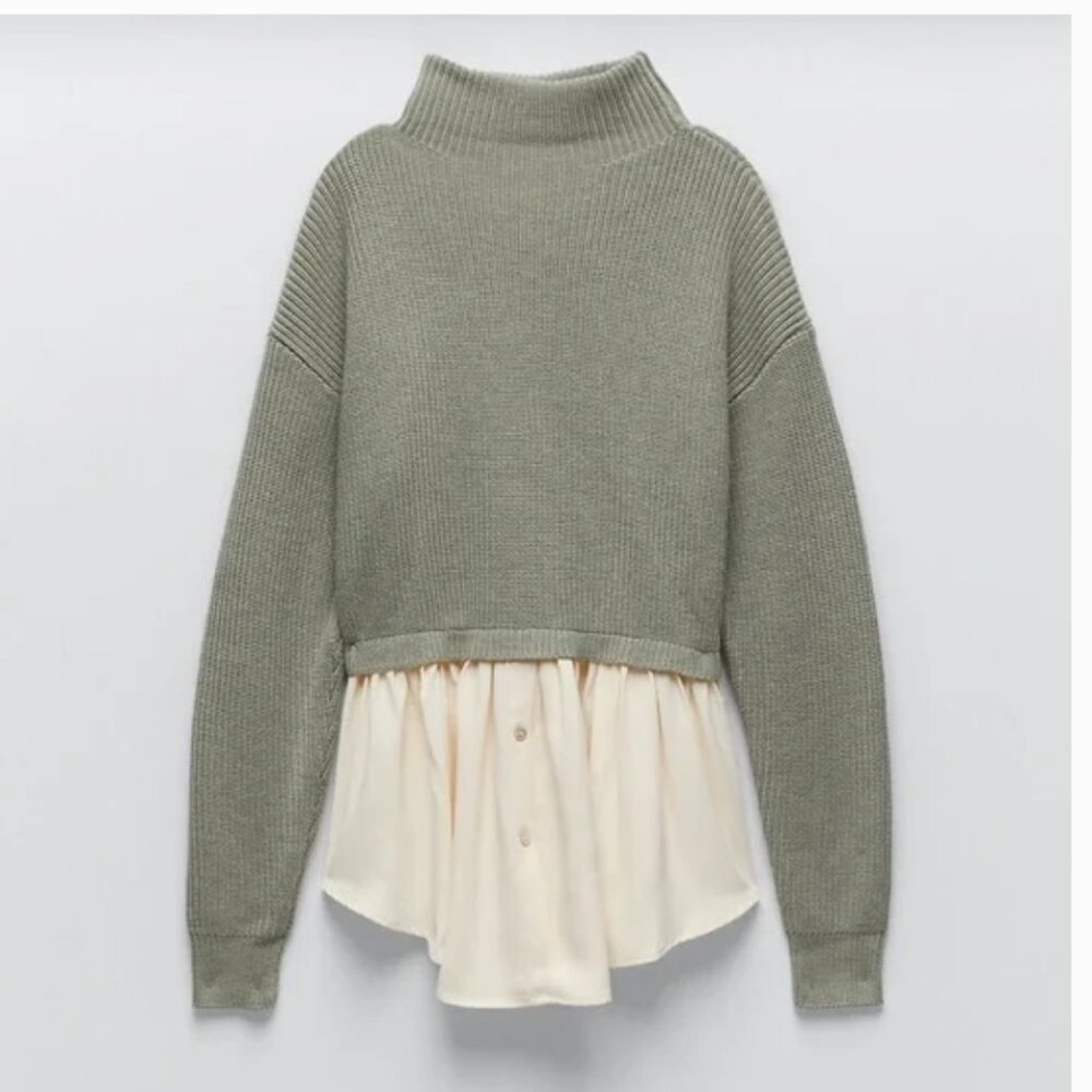Zara Green Mockneck Layered Button Up Sweater Size S, Pre-loved